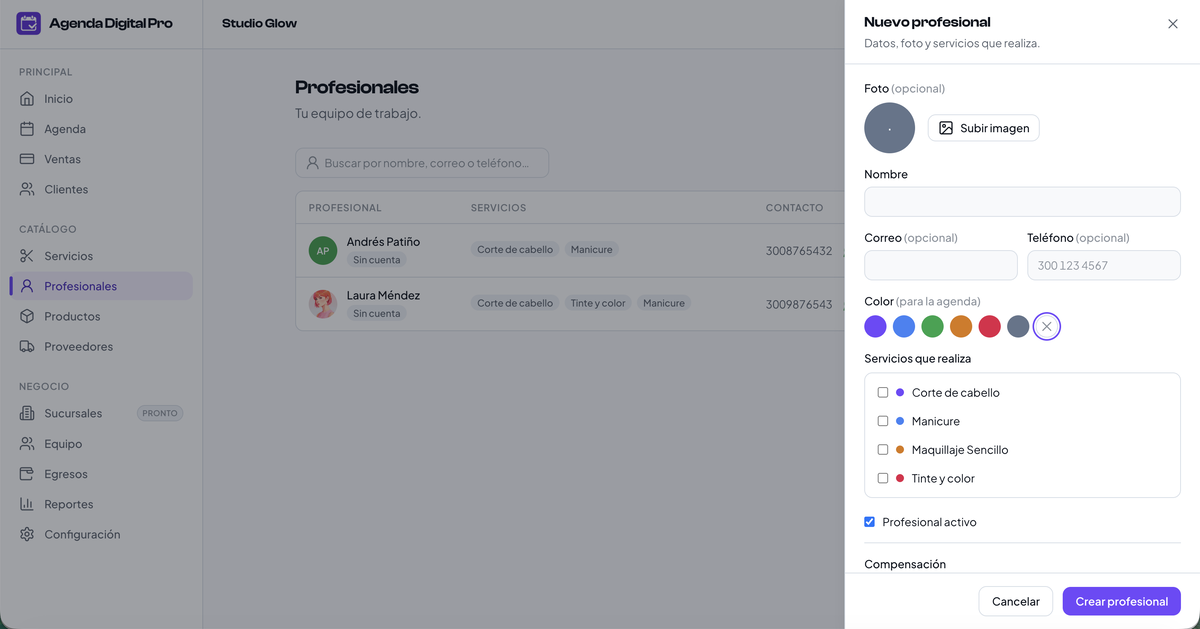 Pantalla de Profesionales y la edición de su horario