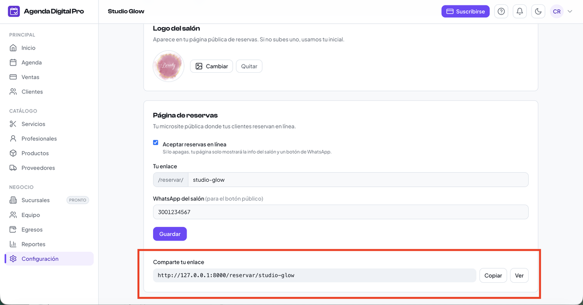 Configuración de la página de reservas y el enlace para compartir