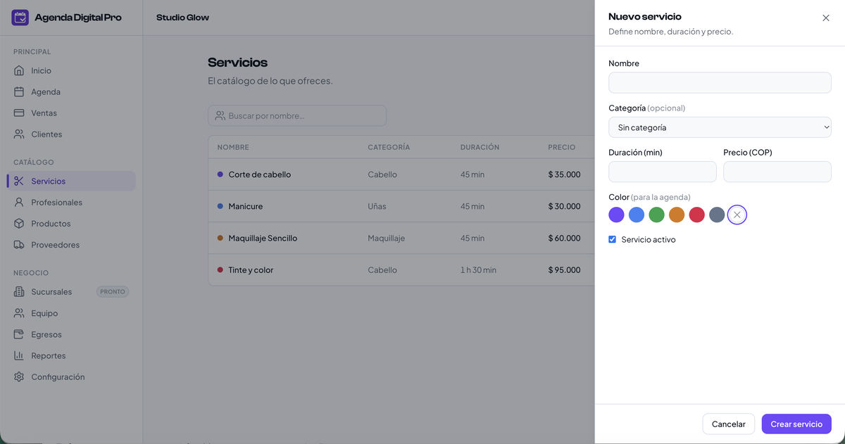 Pantalla de Servicios con el formulario para crear un servicio